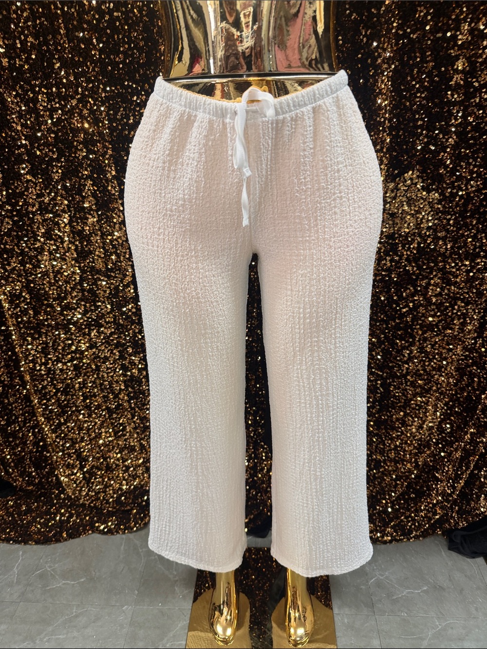 H&M Cream Wide Leg Textured Drawstring Pants